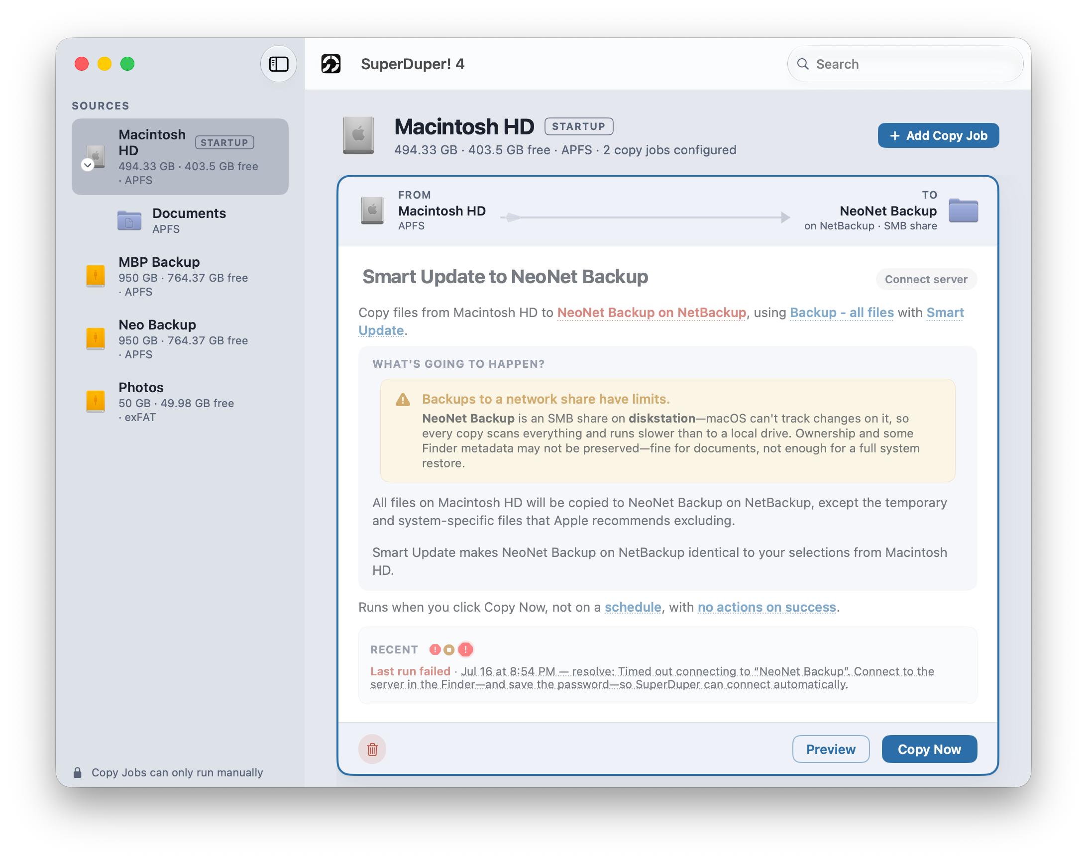 A network-share destination with its Connect control